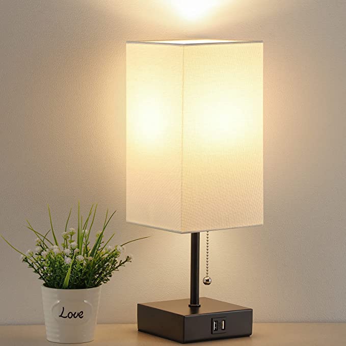 Tischlampe mit Zugkette, Nachttischlampen mit 2 USB-Ladeanschlüssen, 2700 K LED-Glühbirne, weißer Leinen-Lampenschirm für Wohnzimmer, Wohnheim, Büro, Zuhause