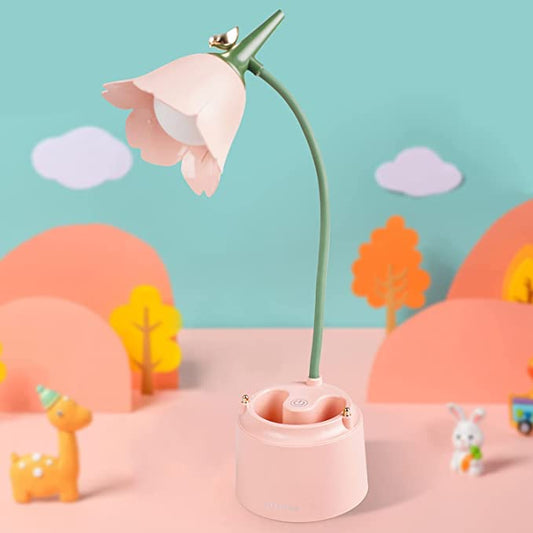 Wiederaufladbare Kinderlampe, Neporal LED-Schreibtischlampe, Touch-Steuerung, Dimmen, 3 Helligkeiten, 360° flexibler Schwanenhals, Augenpflege, Kinder-Lernlampe mit Stifthalter für Mädchen, Jungen (Blume)