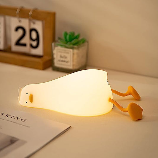 Flach liegendes Enten-Nachtlicht, LED-Squishy-Enten-Lampe, süße leuchtende Ente, dimmbares Silikon-Nachtlicht fürs Kinderzimmer, wiederaufladbare Nachttisch-Touch-Lampe zum Stillen, Finn die Ente.