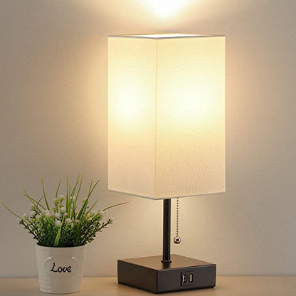 Tischlampe mit Zugkette, Nachttischlampen mit 2 USB-Ladeanschlüssen, 2700 K LED-Glühbirne, weißer Leinen-Lampenschirm für Wohnzimmer, Wohnheim, Büro, Zuhause