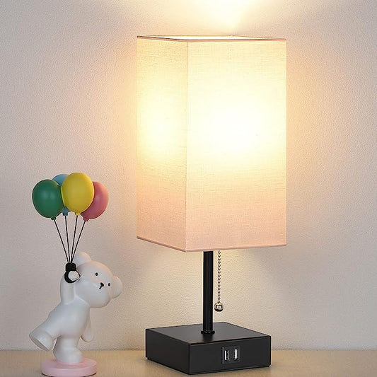 Tischlampe mit Zugkette, Nachttischlampen mit 2 USB-Ladeanschlüssen, 2700 K LED-Glühbirne, weißer Leinen-Lampenschirm für Wohnzimmer, Wohnheim, Büro, Zuhause